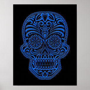 Intricate Blue Sugar Skull on Black Poster