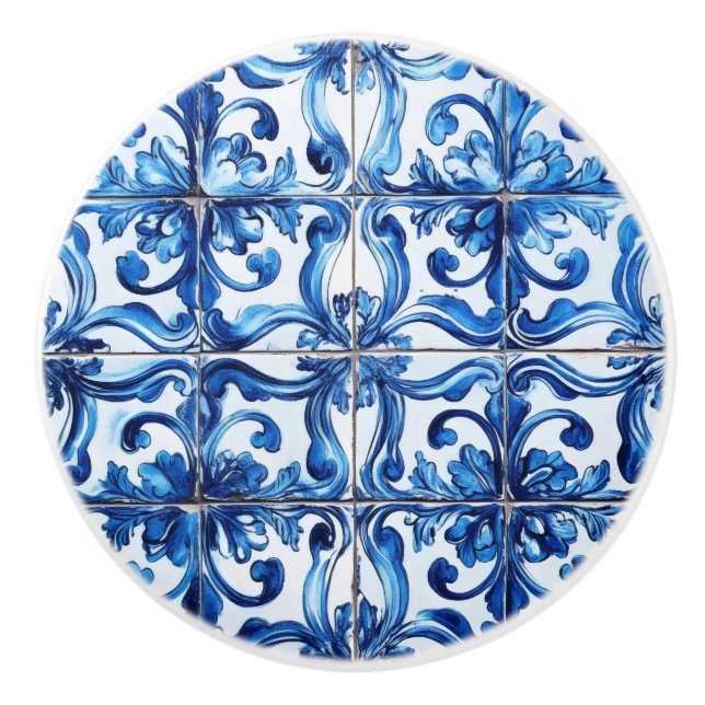 Intricate Blue Tile Pattern Ceramic Knob (Front)