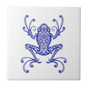 Intricate Blue Tree Frog on White Ceramic Tile