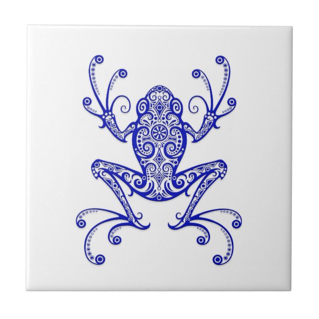 Intricate Blue Tree Frog on White Ceramic Tile (Front)