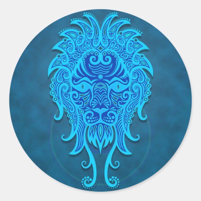Intricate Blue Tribal Leo Classic Round Sticker (Front)