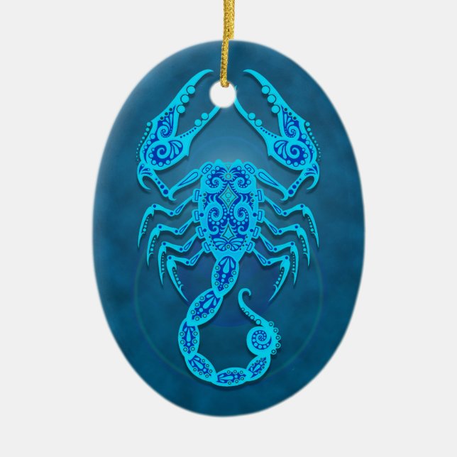 Intricate Blue Tribal Scorpio Ceramic Ornament (Front)