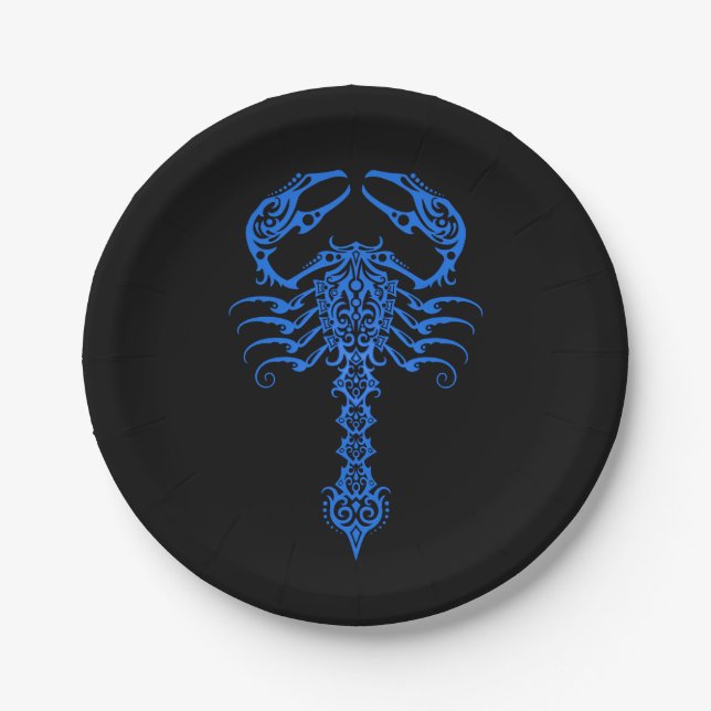 Intricate Blue Tribal Scorpion Paper Plate (Front)