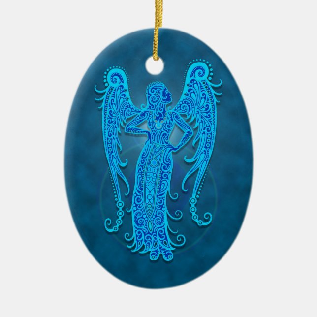 Intricate Blue Tribal Virgo Ceramic Tree Decoration (Front)