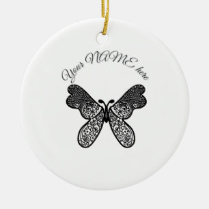 Intricate Boho Mandala Butterfly Black and White A Ceramic Ornament
