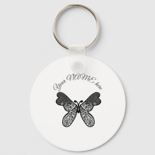 Intricate Boho Mandala Butterfly Black and White A Key Ring
