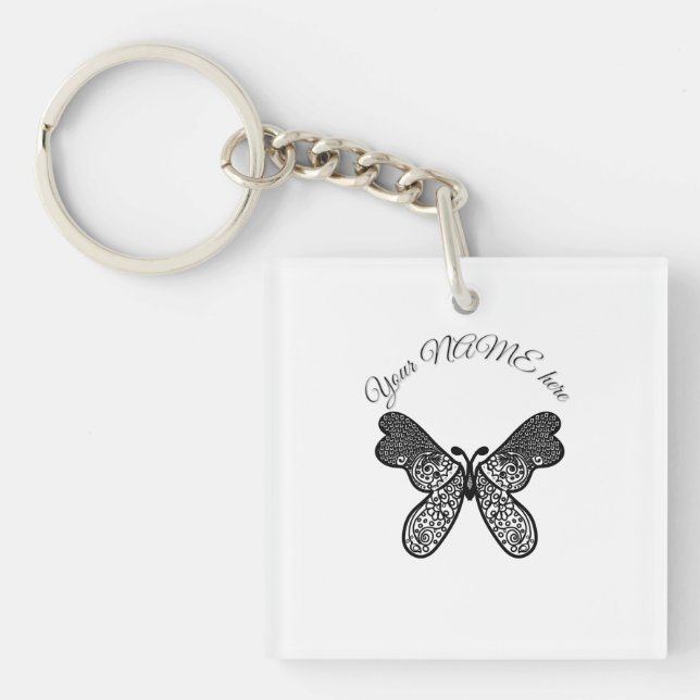 Intricate Boho Mandala Butterfly Black and White A Key Ring (Front)