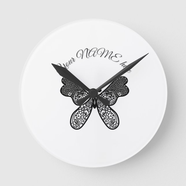 Intricate Boho Mandala Butterfly Black and White A Round Clock (Front)