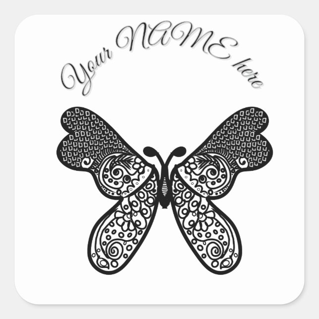 Intricate Boho Mandala Butterfly Black and White A Square Sticker (Front)