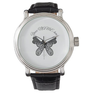 Intricate Boho Mandala Butterfly Black and White A Watch