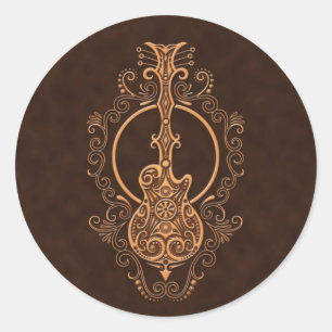 Intricate Brown Guitar Design Classic Round Sticker