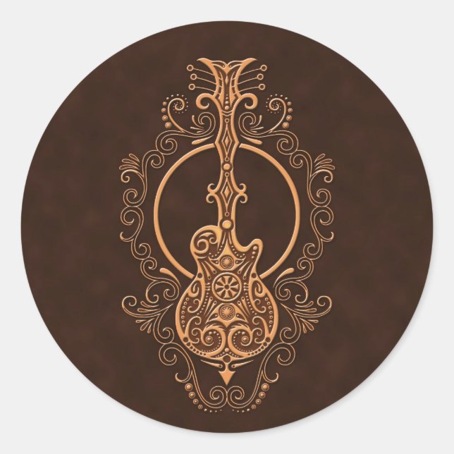 Intricate Brown Guitar Design Classic Round Sticker (Front)