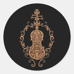 Intricate Brown Violin Design on Black Classic Round Sticker