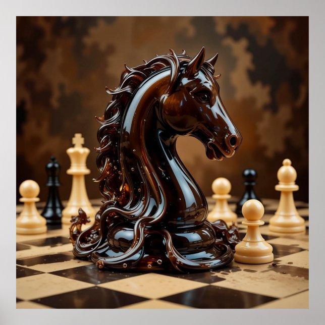 Intricate Chess Horse Figurine Surrounded by Chess Poster (Front)