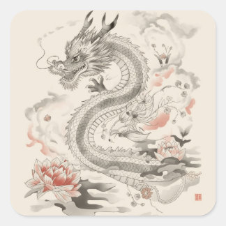 Intricate Chinese Dragon Line Art Design Square Sticker