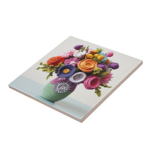 Intricate Crocheted Flower Art- Vibrant Bouquet Ceramic Tile