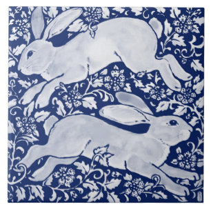 Intricate Dark Blue Rabbit Pair Floral Navy Cobalt Ceramic Tile
