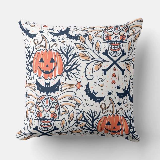 Intricate Dark Halloween Skull Pumpkin Pattern Cushion (Front)