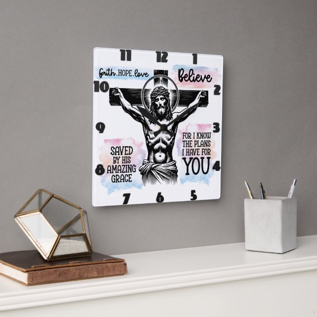 Intricate Depiction of Jesus on the Cross Square Wall Clock (Office)