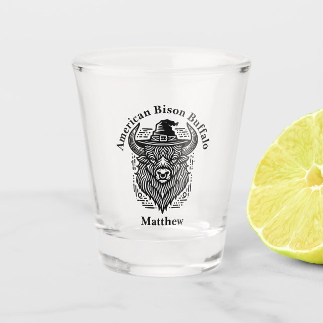 Intricate Design of a Bison With a Hat Shot Glass (Front)