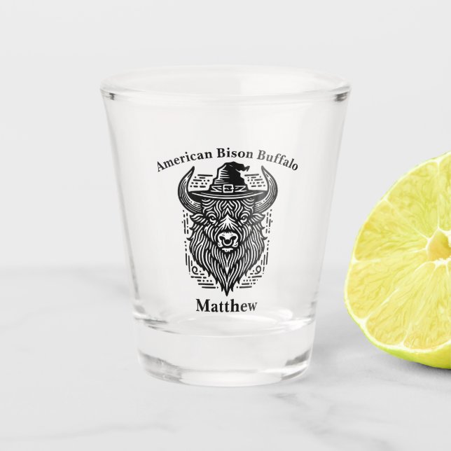 Intricate Design of a Bison With a Hat Shot Glass (Front)