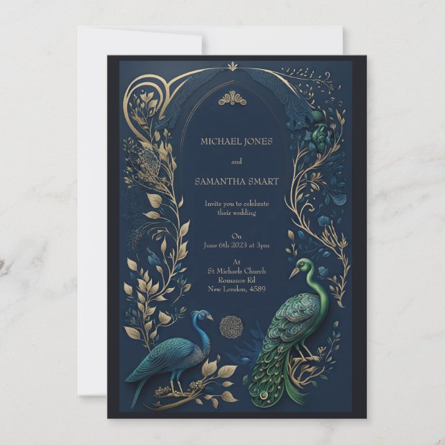 Intricate Detail - Blue Green Peacock Card Wedding (Front)