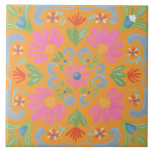 Intricate Detailed Flower Vibrant Ceramic Tile