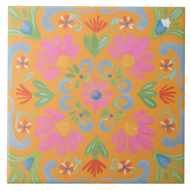 Intricate Detailed Flower Vibrant Ceramic Tile (Front)