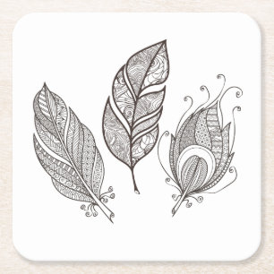 Intricate Feather Doodle Square Paper Coaster