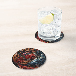 Intricate Fire Truck on Leather Art Round Paper Coaster
