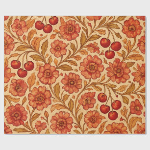 Intricate Floral and Cherry Alcohol Ink Seamless Wrapping Paper
