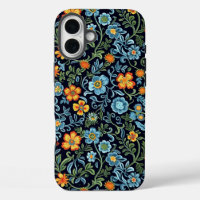 Intricate Floral Art: Blue and Orange Flowers 