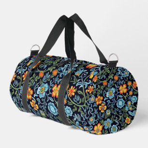 Intricate Floral Art: Blue and Orange Flowers Duffle Bag