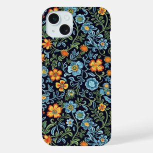 Intricate Floral Art: Blue and Orange Flowers iPhone 15 Plus Case