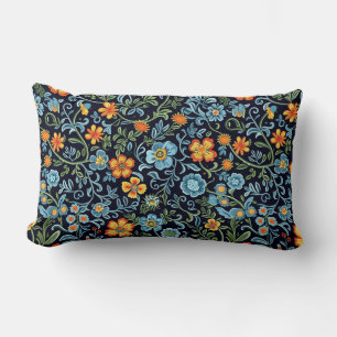 Intricate Floral Art: Blue and Orange Flowers  Lumbar Cushion
