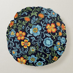 Intricate Floral Art: Blue and Orange Flowers Round Cushion