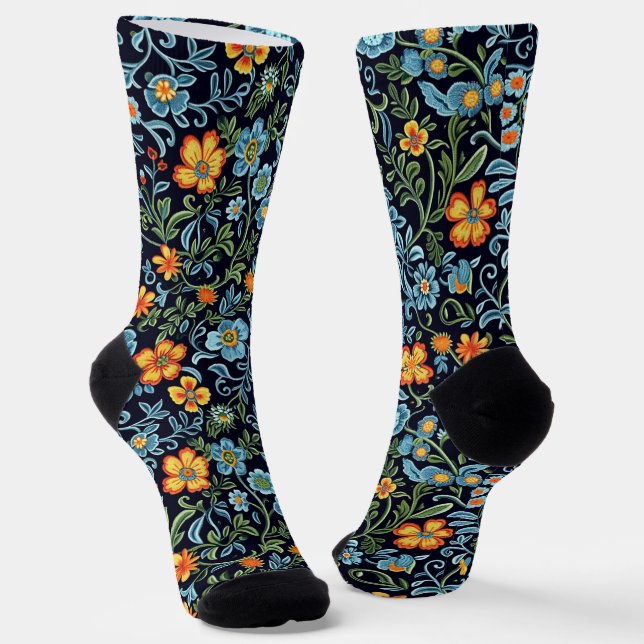 Intricate Floral Art: Blue and Orange Flowers  Socks (Angled)