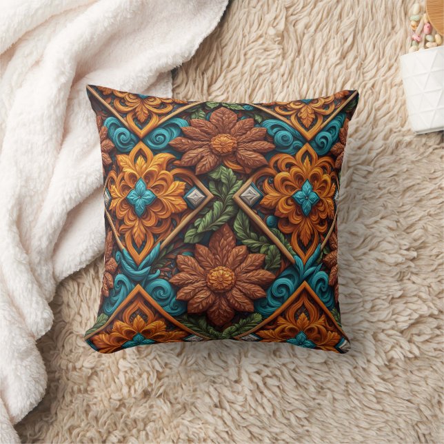 Intricate floral carvings in warm hues cushion (Blanket)