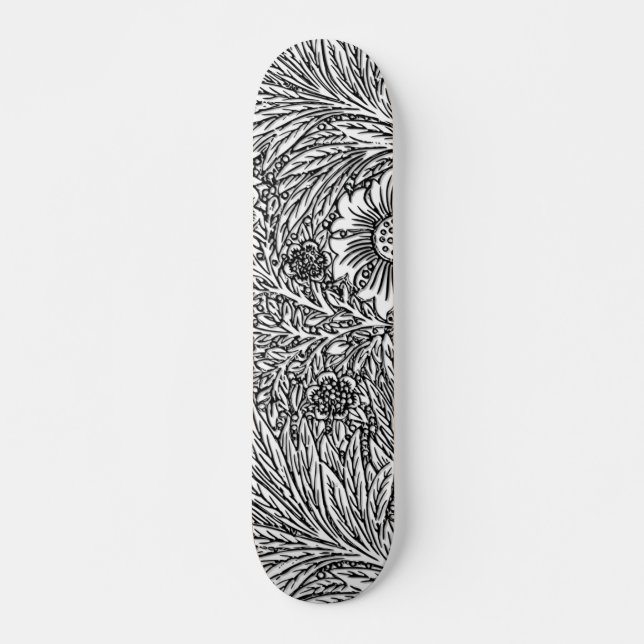 Intricate Floral Design in Black and White Skateboard (Front)