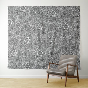 Intricate Floral Design in Black and White Tapestry
