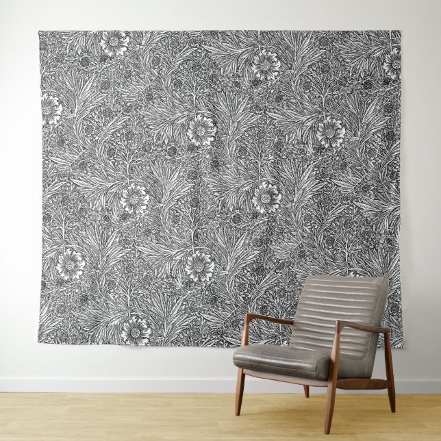 Intricate Floral Design in Black and White Tapestry (In Situ (Horizontal))