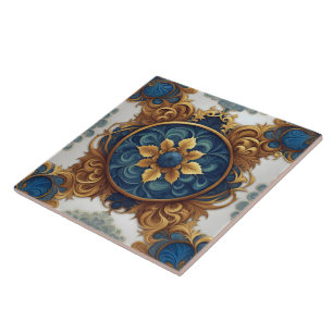 Intricate Floral Design in Blue and Gold Ceramic Tile