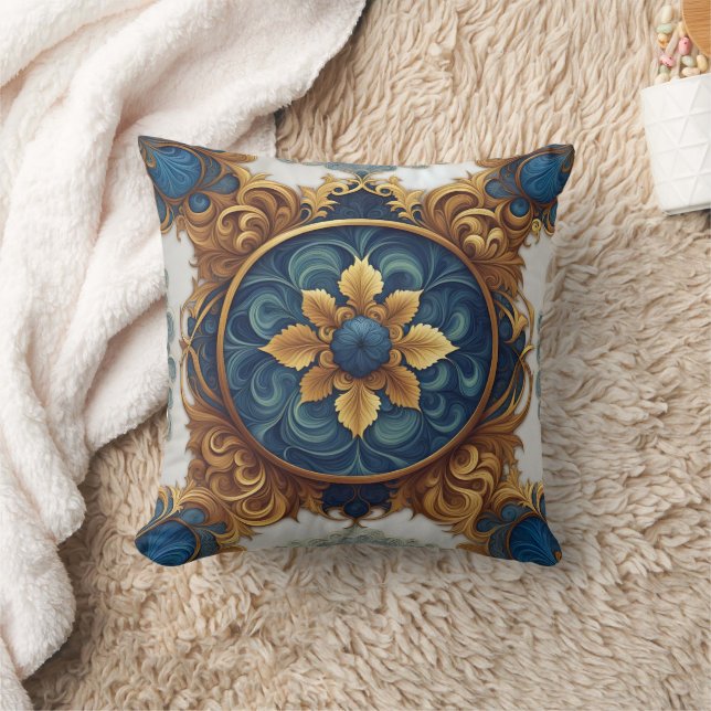 Intricate Floral Design in Blue and Gold Cushion (Blanket)