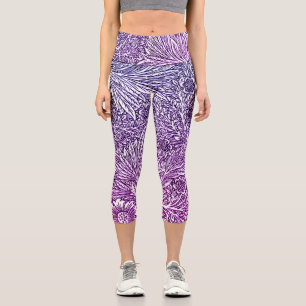 Intricate Floral Design in Purple Hues and White Capri Leggings