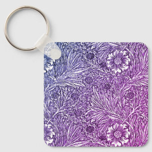 Intricate Floral Design in Purple Hues and White Key Ring