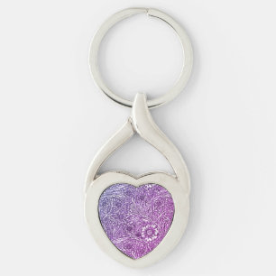 Intricate Floral Design in Purple Hues and White Key Ring