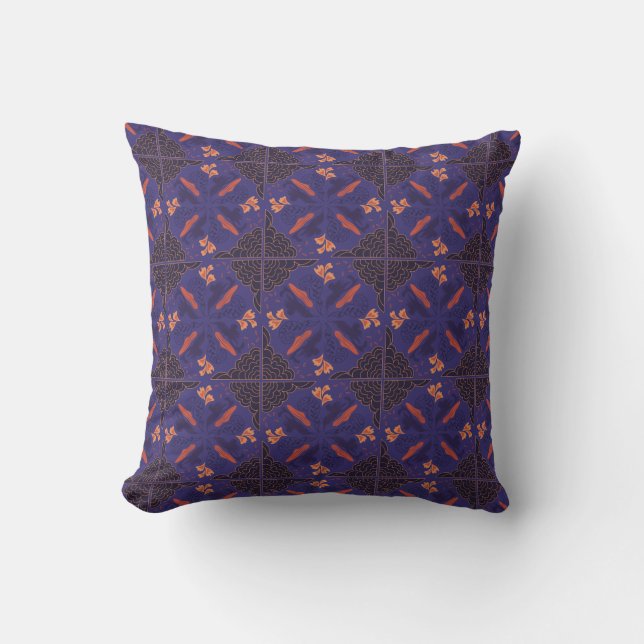 Intricate floral pattern in deep blue and orange cushion (Front)