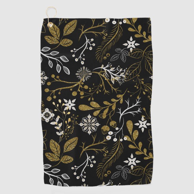 Intricate floral pattern with gold and white  golf towel (Front)