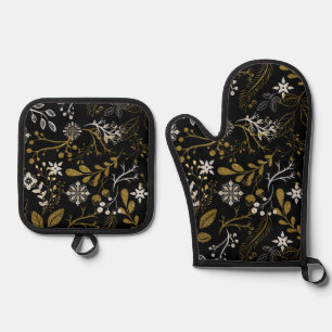 Intricate floral pattern with gold and white  oven mitt & pot holder set