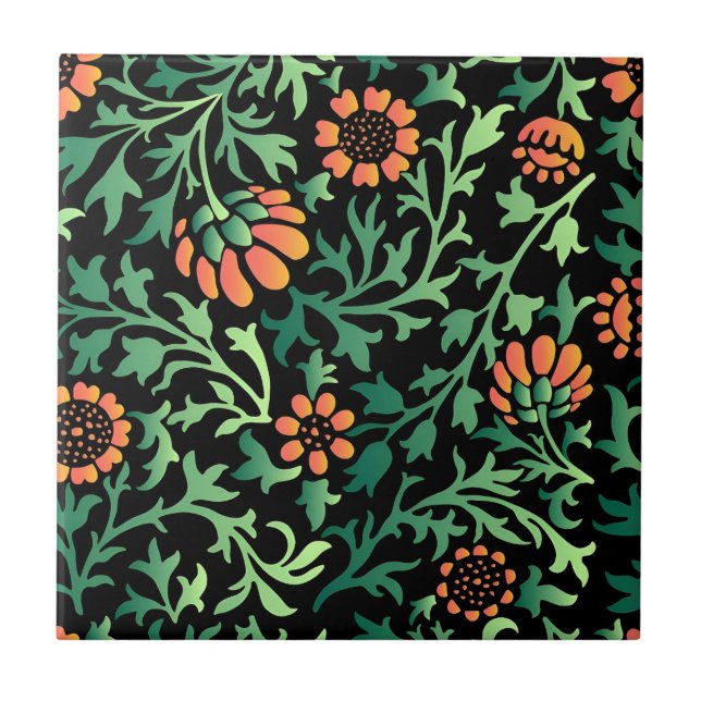 Intricate Floral Pattern with Green Leaves Ceramic Tile (Front)